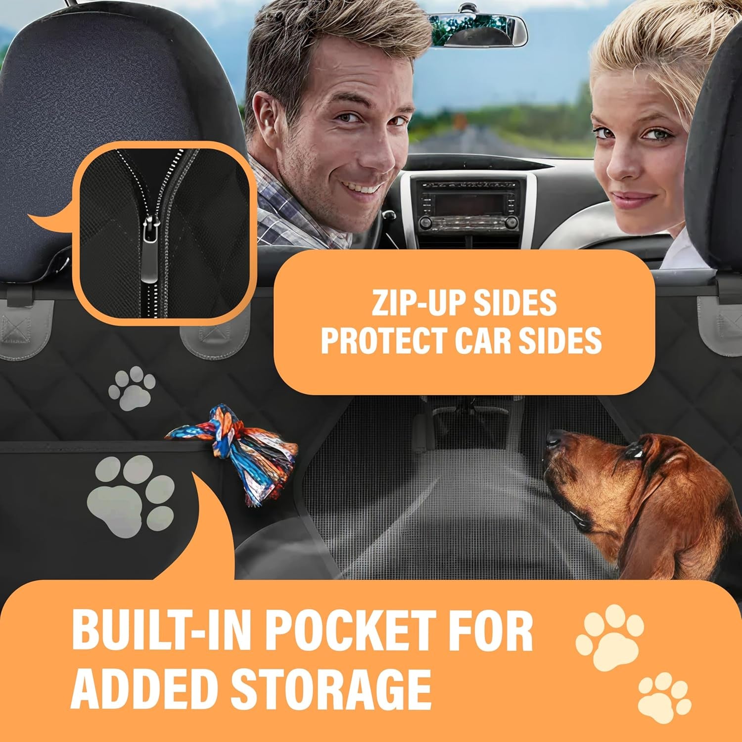 Backseat Dog Car Seat Cover, Waterproof Pet Protection Hammock for SUVs and Trucks with Safety Features, Black