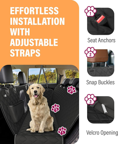 Backseat Dog Car Seat Cover, Waterproof Pet Protection Hammock for SUVs and Trucks with Safety Features, Black