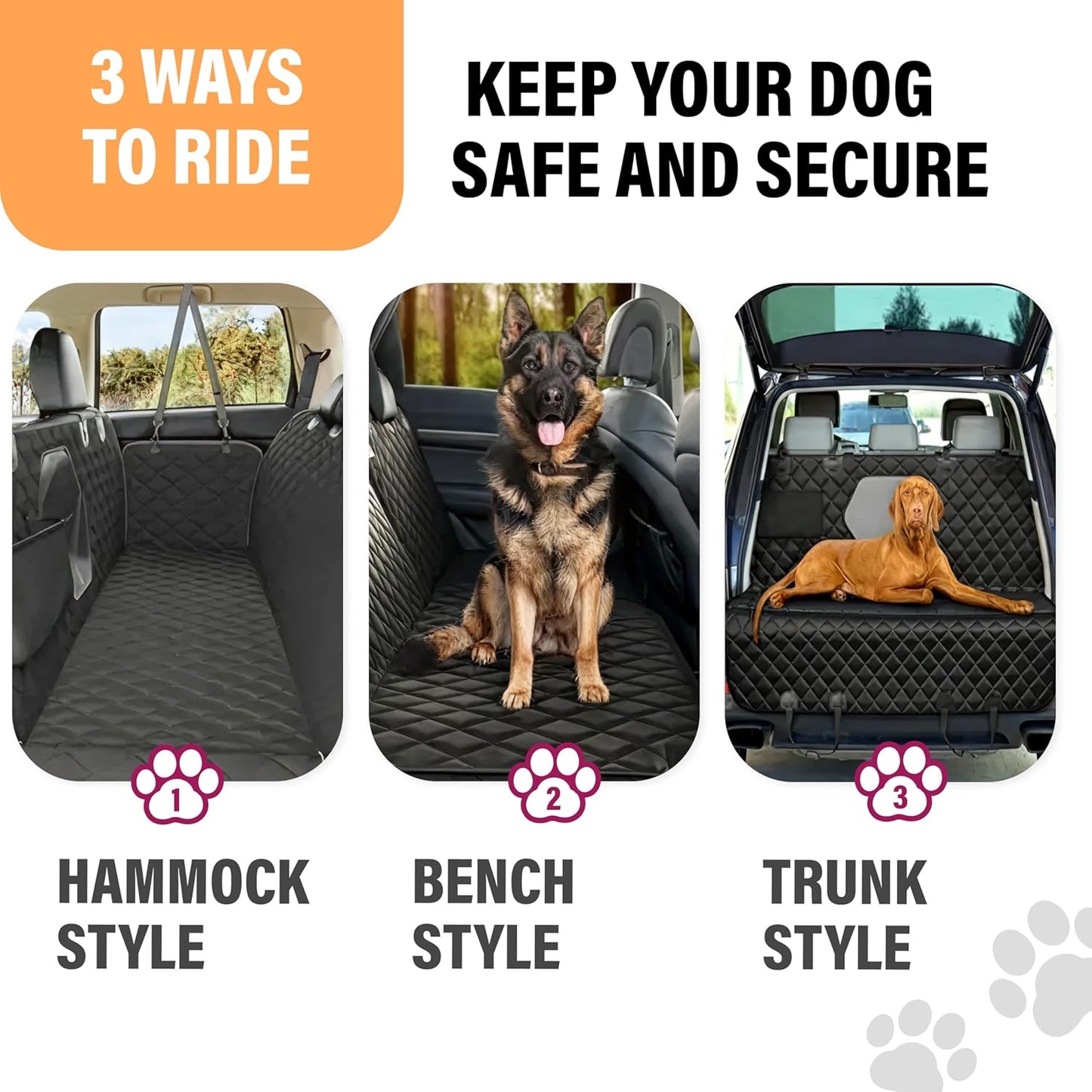 Backseat Dog Car Seat Cover, Waterproof Pet Protection Hammock for SUVs and Trucks with Safety Features, Black