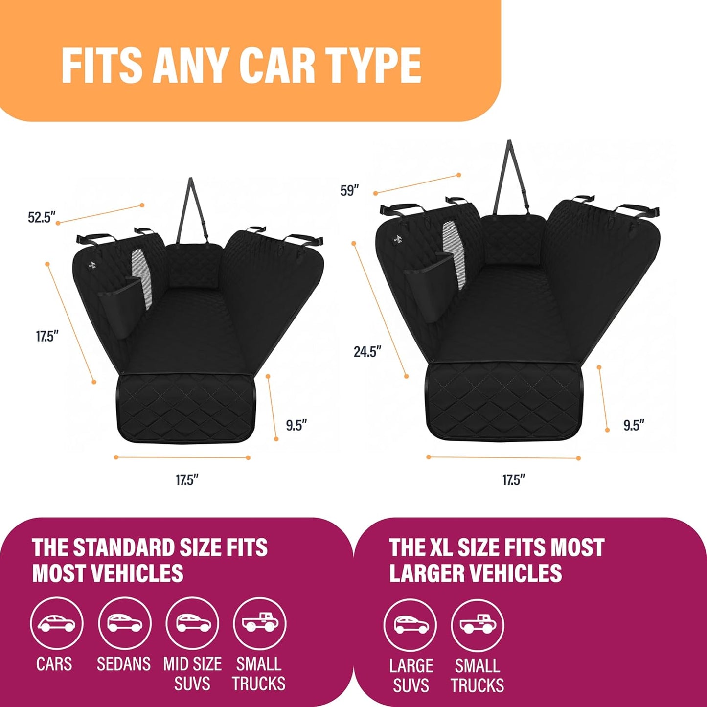 Backseat Dog Car Seat Cover, Waterproof Pet Protection Hammock for SUVs and Trucks with Safety Features, Black