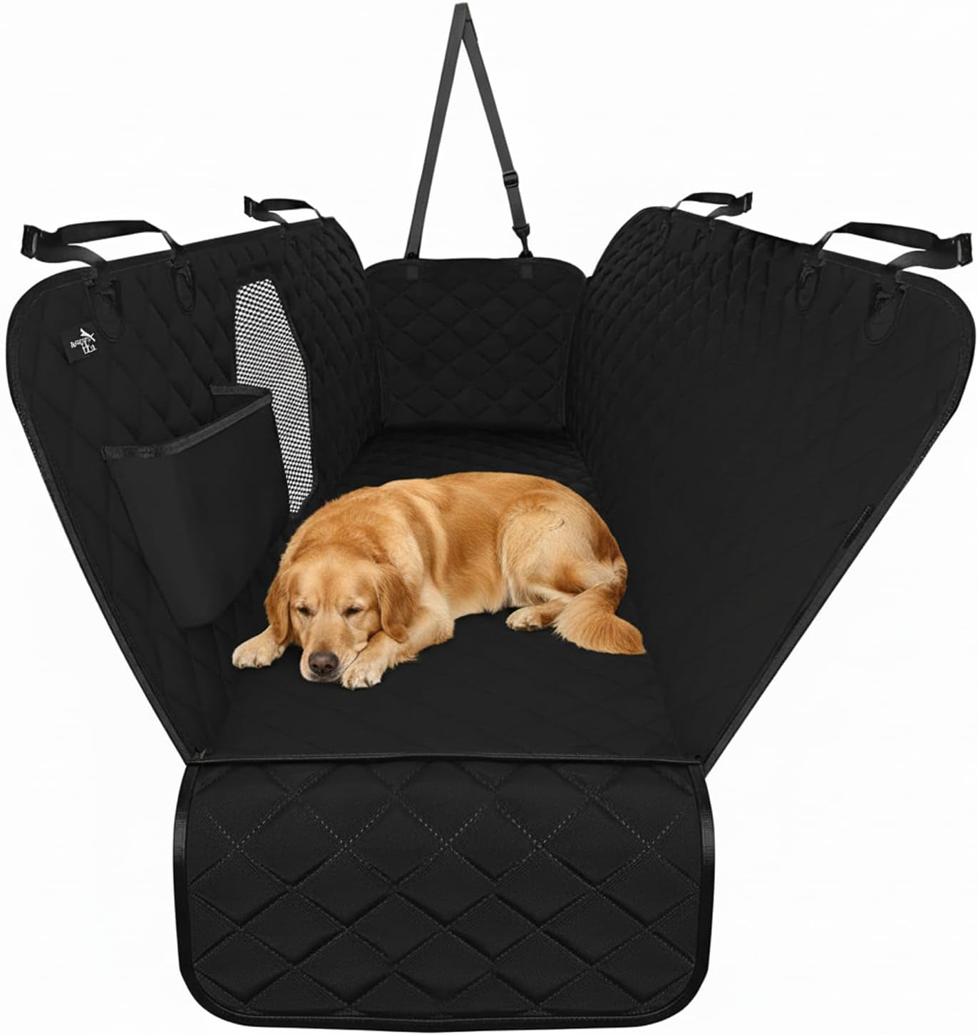Backseat Dog Car Seat Cover, Waterproof Pet Protection Hammock for SUVs and Trucks with Safety Features, Black